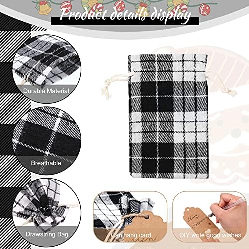 Shappy 24 Pcs Christmas Drawstring Gift Bags Xmas Buffalo Plaid Burlap Advent Bags 5.5 x 4 Inches Linen Treat Candy Bag with 32.8 ft Rope 24 Card(Black White)