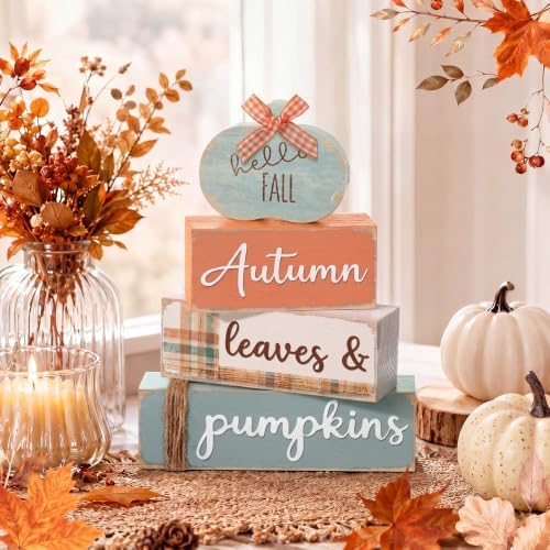 Colingmill 4 Pcs Fall Pumpkin Table Decoration Wooden Pumpkin Centerpiece