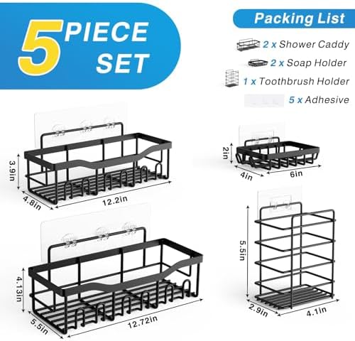 EUDELE Adhesive Shower Caddy, 5 Pack Rustproof Stainless Steel Bath Organizers With Large Capacity, No Drilling Shelves