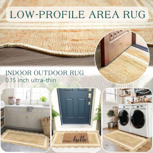 Front Door Mat - 2x4.3 Neutral Farmhouse Scalloped Small Runner Rug