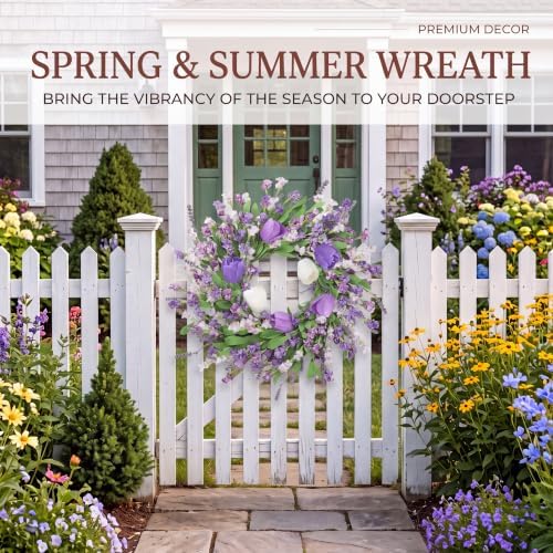 Sggvecsy Spring Summer Wreath for Front Door 22 Inch Artificial Purple Flower Wreath with Tulips Greenery Leaves Lavender for All Seasons Home Farmhouse Indoor Outdoor Wall Decor (Purple)
