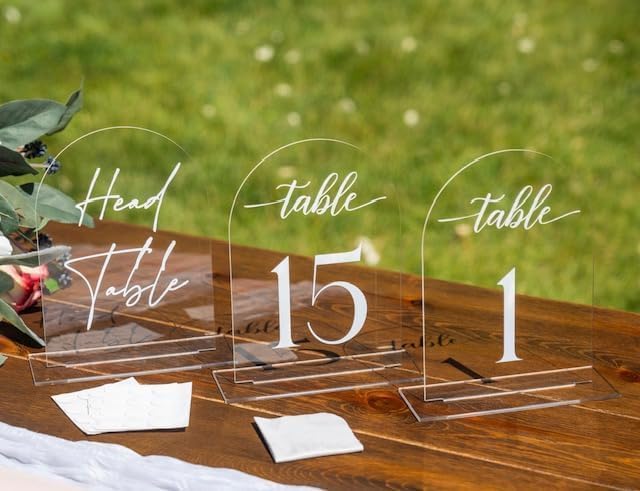 Clear Arch Acrylic Table Numbers for Wedding Reception - 5" x 7" White Font Centerpiece Set with Holder Stands & Head