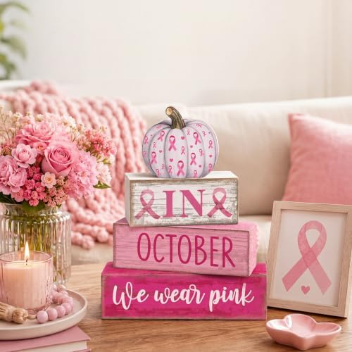 Lineshading 3 Pcs Breast Cancer Awareness Table Decor, Pink Ribbon Pumpkin