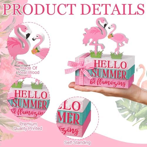 Geelin 4 Pcs Flamingo Wooden Book Stack Decor, Summer Faux Books for Home Table Centerpiece, Hello Summer Flamingos Tiered Tray Decorations Rustic Farmhouse Pink Flamingo Decor for Living Room Kitchen