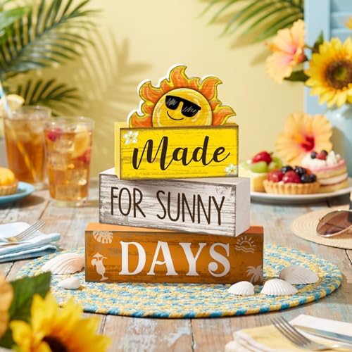 Lineshading 4 Pcs Summer Table Decor Farmhouse Wooden Sun Beach Block Signs
