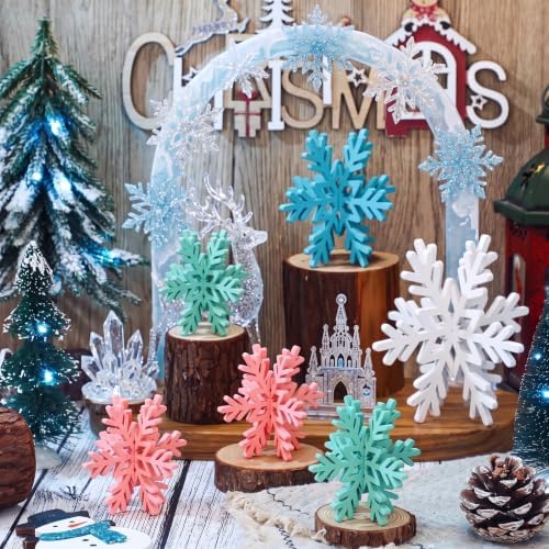 Bucherry 12 Pcs Wooden Snowflakes Table Decor,Pink, Green, Blue, White
