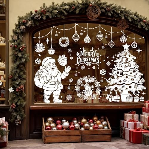 AhfuLife Large Christmas Window Clings Decorations, 35.4 x 11.8 in, 6 Sheets Double Side Xmas Snowflake Santa Reindeer Snowman Window Decals Stickers for Home Glass Party Indoor Decorations