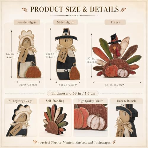 Cinnvoice 3 Pcs Fall Decorations Thanksgiving Pilgrim Turkey Tabletop Signs