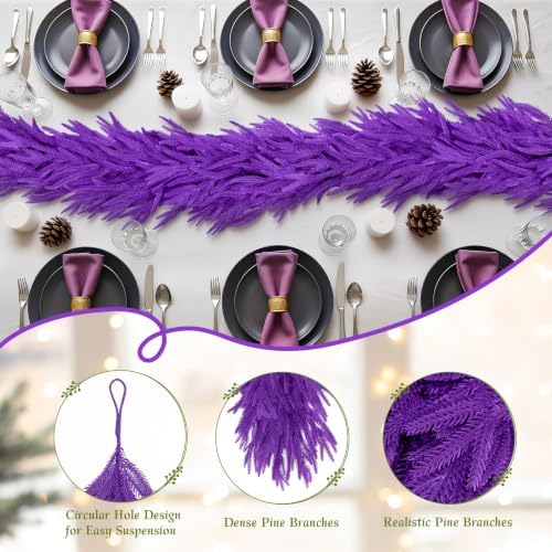 N&T NIETING 9FT Christmas Norfolk Pine Garland Real Touch Artificial Christmas Purple Xmas Garland for Mantle, Table Holiday Fireplace Staircase Indoor Outdoor Halloween Christmas Decorations