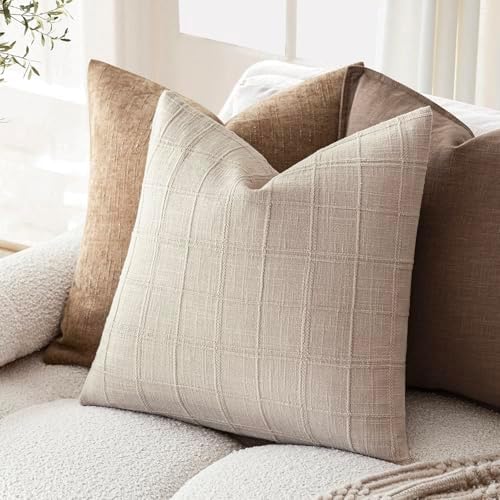 Decorative Linen Check Throw Pillow Covers Neutral Farmhouse / 20 x 20 / Natural Linen / Set of 2