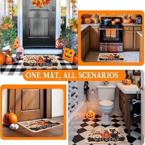 Halloween Welcome Mat for Front Door Cute Ghost Cat Pumpkin Decor 17"x26.8"