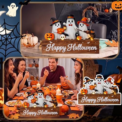 Patelai Halloween Table Decoration with LED Lights Wood Pumpkin Ghost Signs