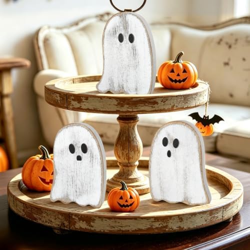 3Pcs Halloween Table Decorations Indoor, Farmhouse Halloween Cute Ghost Decorations, Rustic Ghost Table Centerpieces Signs Tiered Tray Decor for Home Mantel Shelf Office Party Supplies (White)