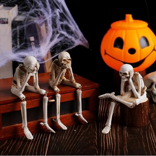 OwMell Set of 3 No Evil Skeletons Statue, Skull Figurine Gothic Home Décor