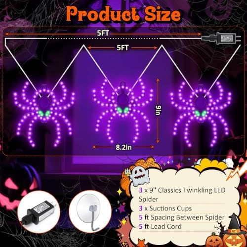 3 Pack 9" Halloween Classics Twinkling LED Spiders, Hi-Vibrant Aluminum Frame Spiders Window Silhouette Lights, 234 Purple and 12 Green LED Lights, Holiday Indoor Outdoor Decoration