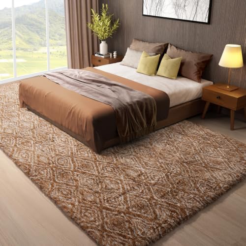 Ophanie 8x10 Brown and White Diamond Striped Rugs for Living Room,Large Fluffy Shag Fuzzy Plush Soft Carpets,Shaggy Rug
