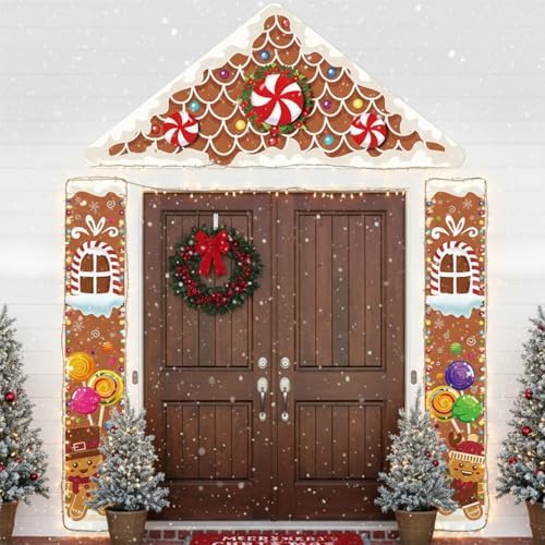 Christmas Gingerbread House Decorations Xmas Candy Door Covers Gingerbread House Party Porch Banner Backdrop Merry Christmas Hanging Decor for Front Door Holiday Home Party Supplies