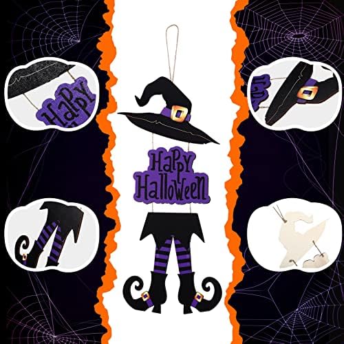 Yerliker Happy Halloween Sign Decoration Purple Wooden Witch Hanging