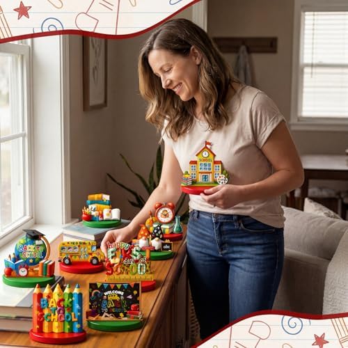 Wesiti 12 Pcs Back to School Table Decorations Wooden First Day of School Table Centerpiece Alarm Clocks Backpacks Tabletop Topper Decor for Classrooms Office Home Tiered Tray Decor Party Favor