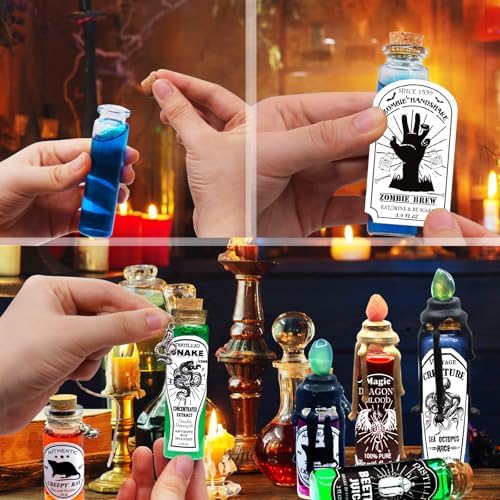 Ainswei Halloween Decorations Indoor,135Pcs Potion Bottles Halloween Decor,Witch Halloween Decorations with Stone,Apothecary Witch Lables Decoration For Home Room Party Supplies