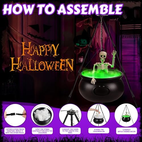 Halloween Decorations Outdoor, 12.6” Large Witches Cauldron Kettle on Tripod with Skeleton, LED Lights, Black Plastic Cauldron Candy Bowl Bucket Decoration for Yard Home Porch Outside Decor