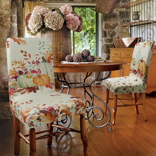 Fall Chair Covers Set of 6 Pumpkin Maple Leaves Stretch Parsons Slipcovers