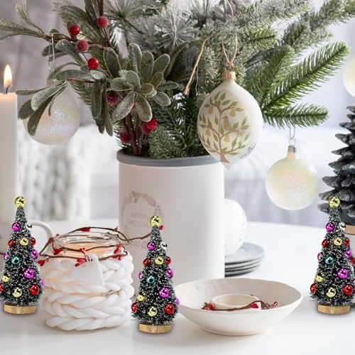 Winlyn 6 Pcs Artificial Mini Christmas Trees 4.3 Inch Frosted Green Bottle Brush Trees with Wood Bases Sisal Trees with White Snow and Ornaments for Winter Christmas Holiday Dollhouse Miniature Décor