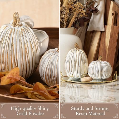 DN DECONATION White and Gold Fall Pumpkin Decoration for Table Centerpieces