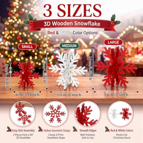 Bucherry 12 Pcs Wooden Snowflakes Table Decor,White, Red