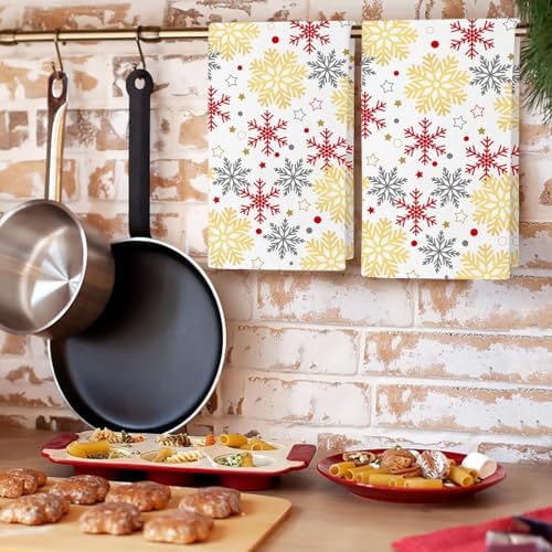JOOCAR Snwoflake Kitchen Towels Christmas Kitchen Decor Dish Towels Set of 2, 16x27 Inch Seasonal Drying Dishcloth, Gold White Red Snowflake Decoration Hand Towels