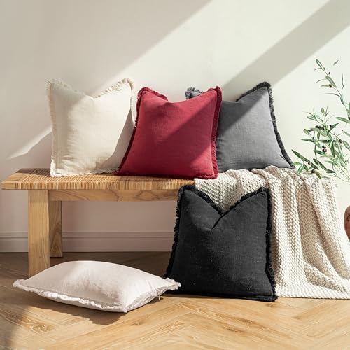 MIULEE Boho Linen Fringe Decorative Throw Pillow Covers Burgundy 18x18