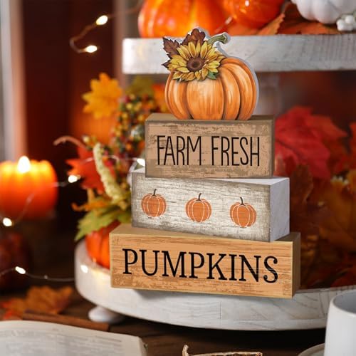 Lineshading 4 Pcs Fall Table Decor Pumpkin Sunflower Sign, Farm Fresh Wood