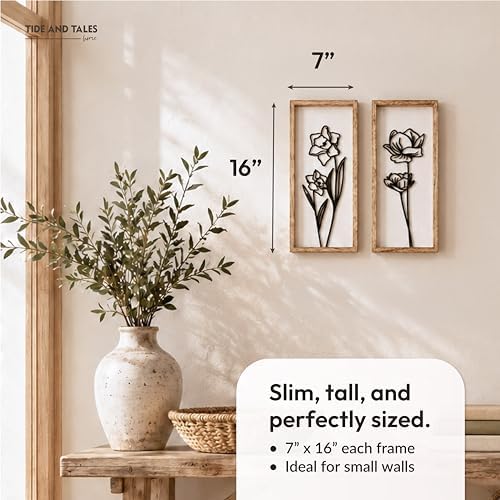 3D Black and White Wall Art (Set of 2) Lightweight, Wooden Ready-to-Hang Framed Floral Wall Art for Bathroom, Bedroom