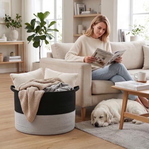 90L Large Blanket Basket,Woven Laundry Basket-Black&Light Grey