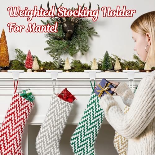 HMASYO Christmas Stocking Holders for Mantle Set of 4, White Heavy Duty Iron Stocking Hangers Base, Low Profile Weighted Stocking Holder Hooks for Fireplace Tabletop Shelf Christmas Decoration