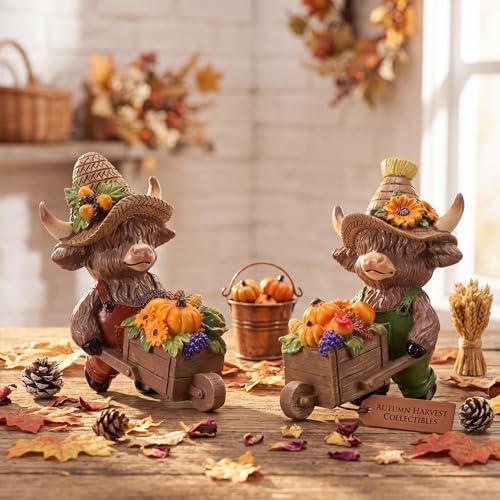 Karenhi 2 Pcs Fall Highland Cow Figurines, Harvest Wheelbarrow Decor