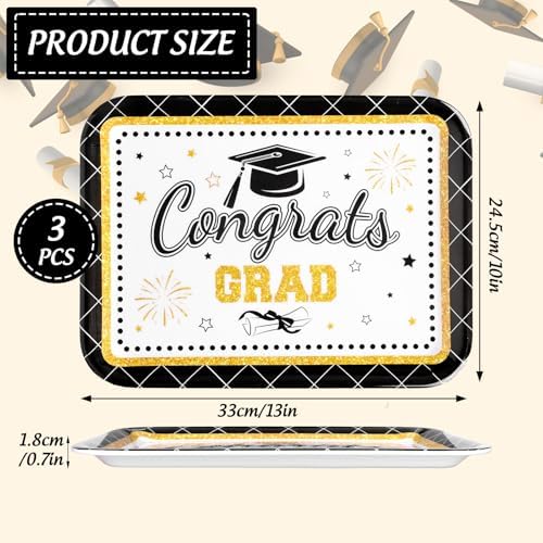 JarThenaAMCS 3Pcs Graduation Serving Trays 13 x 10 Inch Bachelor' s Hat Diploma Glitter Reusable Melamine Platter Congrats 2026 Grad Serving Dishes for Graduate Party Sharing Snacks Fruit Dessert