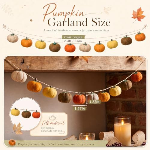 Yinder 8.2 ft Fall Pumpkin Felt Garland Autumn Decoration for Home Hanging Felt Pumpkin Banner Harvest Thanksgiving Garland Halloween Party Decor for Mantel Fireplace Farmhouse