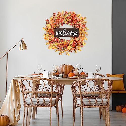 Sggvecsy Fall Wreath 20'' Autumn Front Door Wreath with Pumpkin Berry Round Leaves Fall Decorations for Outside Indoor Wall Window Festival Thanksgiving Harvest Fall Autumn Decor(Yellow)