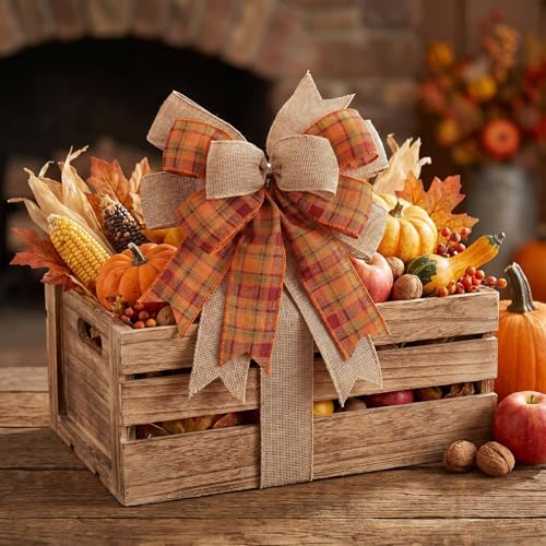 Fall Bows for Wreaths, 9.4 x 11.8 Inch Orange Burlap and Wired Plaid Ribbon, Handmade Autumn Wreath Bow for Mailbox Lantern Tree Topper, Thanksgiving Harvest Door Decor