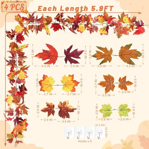 4Pack 23.6FT Artificial Fall Leaves Garland for Thanksgiving Wedding Decor