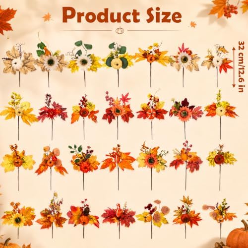 28 Pcs Fall Flower Pick, Artificial Floral Leaf Stem, 12 Inch, Maple Leaf