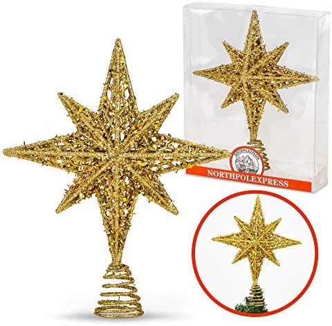 8 Inch Bethlehem Glitter Gold Star Christmas Tree Topper | Tree Toppers | Christmas Star Tree Topper | Rustic Tree Toppers Christmas Decorations | Christmas Tree Topper for 3-6 ft Trees