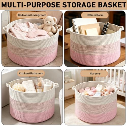65L Large Blanket Basket,Woven Rope Laundry Basket-Mixed Pink