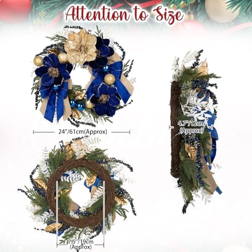 24" Christmas Wreath for Front Door with Blue Magnolia Artificial & Berries