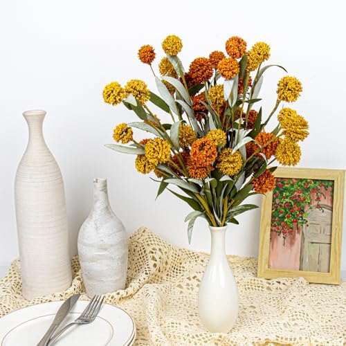 Yawwind 6 PCs Artifical Fall Flowers 17 Inches Fall Floral Picks Faux Autumn Branches with Craspedia Billy Balls Flowers for Vase Table Centerpieces Living Room Indoors Decor (Orange and Yellow)