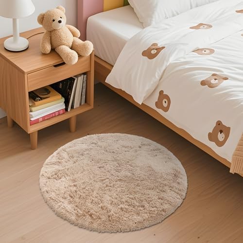 OLANLY Beige Round Rugs for Bedroom - Machine Washable, 2 ft Circle Area Rugs for Living Room, Soft and Fluffy Shaggy