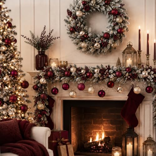 Lunmon 64 Pcs Burgundy and Gold Christmas Ball Ornament 1.57/1.97/2.36 Inch
