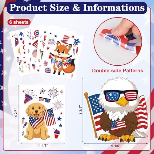 COCHIE Happy 4th of July Window Clings 6 Sheets, Red Blue White Owl Window Decals Stickers for Office Home Classroom Party Decorations, Patriotic Fourth of July Animals Windows Cling (Patriotic)