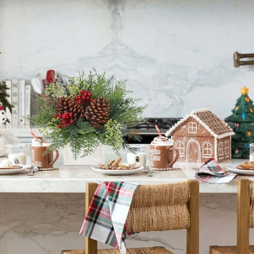 Christmas Centerpieces Table Decorations 10" Small Artificial Potted Christmas Tree Tabletop Pine Plants with Red Berry Pine Cones in Wooden Pot for Home Winter Xmas Mantel Farmhouse Indoor Decor